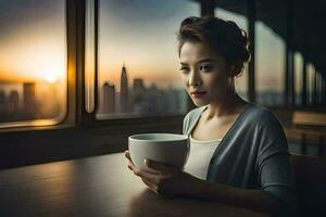en kvinna innehav en kopp av kaffe i främre av en stadsbild. ai-genererad foto