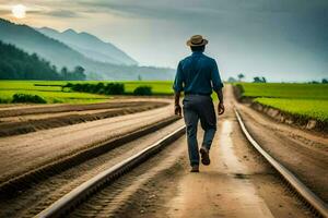 en man gående på järnväg spår i en fält. ai-genererad foto