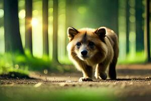 en hund gående genom en skog med träd i de bakgrund. ai-genererad foto