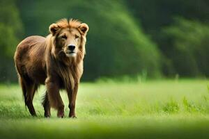 en lejon gående genom en fält. ai-genererad foto