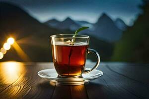 en kopp av te på en tabell med bergen i de bakgrund. ai-genererad foto