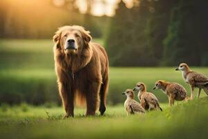 en hund och henne familj i de fält. ai-genererad foto