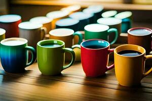 många annorlunda färgad kaffe koppar är fodrad upp på en tabell. ai-genererad foto