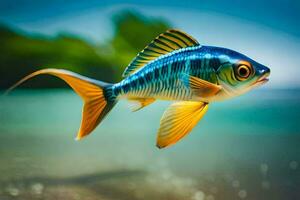 en fisk med blå och gul Ränder är simning i de hav. ai-genererad foto