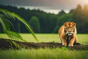 en tiger gående på en gräs- fält. ai-genererad foto