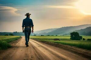 en man i en cowboy hatt promenader ner en smuts väg. ai-genererad foto