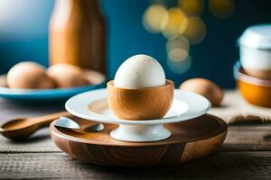 ett ägg i ett ägg kopp på en trä- tabell. ai-genererad foto