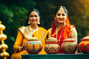 två kvinnor i traditionell indisk Kläder är innehav färgrik krukor. ai-genererad foto