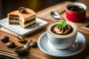 en kopp av kaffe med en skiva av kaka och en kopp av kaffe. ai-genererad foto