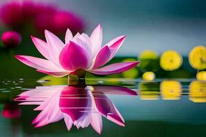 rosa lotus blomma i vatten med reflexion. ai-genererad foto