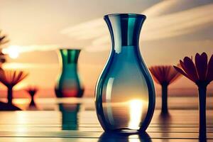 en vas med blommor på en tabell i främre av de solnedgång. ai-genererad foto