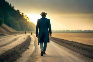 en man i en hatt och täcka promenader ner en smuts väg. ai-genererad foto