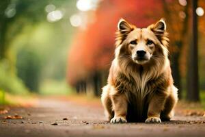 en hund Sammanträde på de väg i de falla. ai-genererad foto