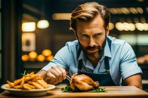 en man i ett förkläde är äter en kyckling. ai-genererad foto