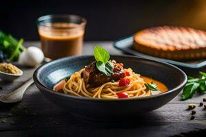 spaghetti med kött och grönsaker i en skål. ai-genererad foto