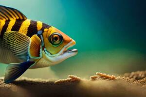 en fisk med en gul och svart randig kropp. ai-genererad foto