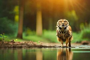en tiger gående tvärs över en flod i de skog. ai-genererad foto