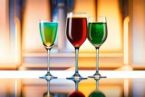 tre glasögon av annorlunda färgad drycker på en tabell. ai-genererad foto
