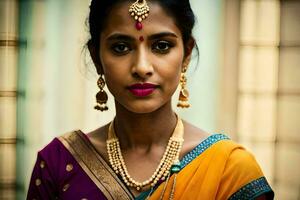 en skön indisk kvinna bär en färgrik sari. ai-genererad foto