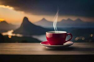 en kopp av kaffe på en trä- tabell med en se av berg. ai-genererad foto
