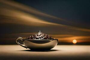 en kopp av kaffe Sammanträde på en tabell med en suddigt bakgrund. ai-genererad foto
