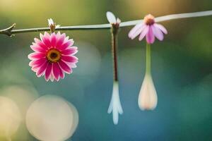 två rosa blommor hängande från en tråd. ai-genererad foto