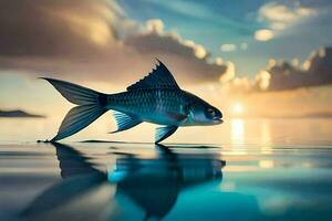 en fisk är simning i de vatten på solnedgång. ai-genererad foto