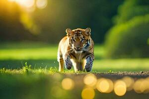 en tiger löpning tvärs över en fält. ai-genererad foto