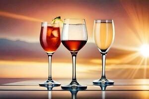 tre glasögon av vin med de Sol miljö Bakom dem. ai-genererad foto