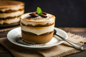 choklad och kaffe tiramisu i en glas. ai-genererad foto