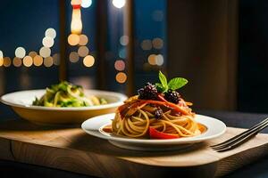 två plattor med pasta och grönsaker på en trä- tabell. ai-genererad foto
