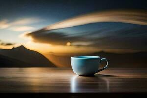 en kopp av kaffe på en tabell i främre av en berg. ai-genererad foto