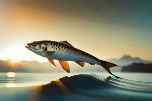 en fisk Hoppar ut av de vatten på solnedgång. ai-genererad foto