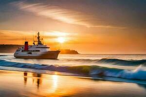 en båt på de strand på solnedgång. ai-genererad foto