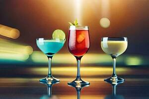 tre annorlunda typer av cocktails på en tabell. ai-genererad foto