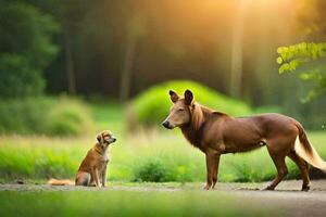 en hund och en häst stående i en fält. ai-genererad foto