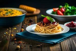 spaghetti med kött sås och sallad på en trä- tabell. ai-genererad foto