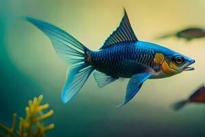 en fisk med blå och gul fenor simning i de vatten. ai-genererad foto