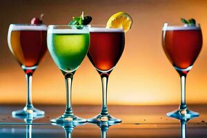 fyra annorlunda färgad drycker i glasögon på en tabell. ai-genererad foto