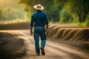 en man i en cowboy hatt gående ner en smuts väg. ai-genererad foto