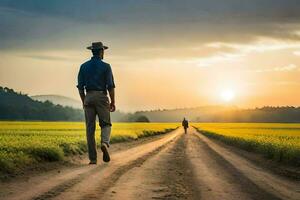 en man i en hatt promenader ner en smuts väg på solnedgång. ai-genererad foto