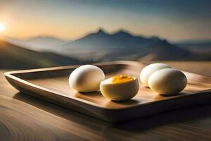 tre hård kokt ägg på en trä- bricka med bergen i de bakgrund. ai-genererad foto
