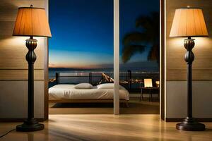en sovrum med en se av de hav och en säng. ai-genererad foto