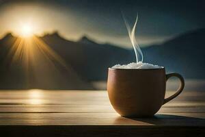 en kopp av kaffe på en trä- tabell med de Sol i de bakgrund. ai-genererad foto