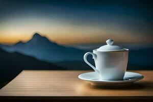 en kopp av kaffe på en tabell i främre av en berg se. ai-genererad foto