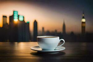 kaffe kopp på de tabell med stadsbild i de bakgrund. ai-genererad foto