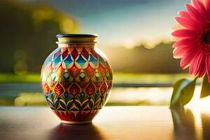 en färgrik vas med en blomma på en tabell. ai-genererad foto