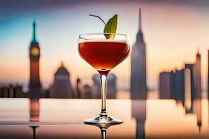 en cocktail med en se av de stad horisont. ai-genererad foto