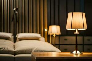 en säng med en lampa på den i en sovrum. ai-genererad foto