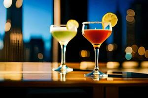 två cocktails sitta på en tabell i främre av en stad horisont. ai-genererad foto